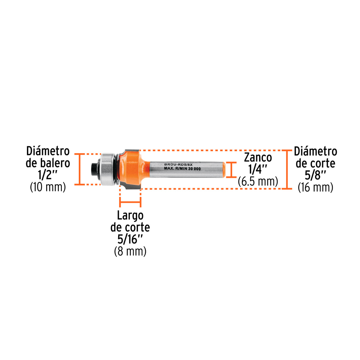 Broca para router, redondeado, 5/8' con balero