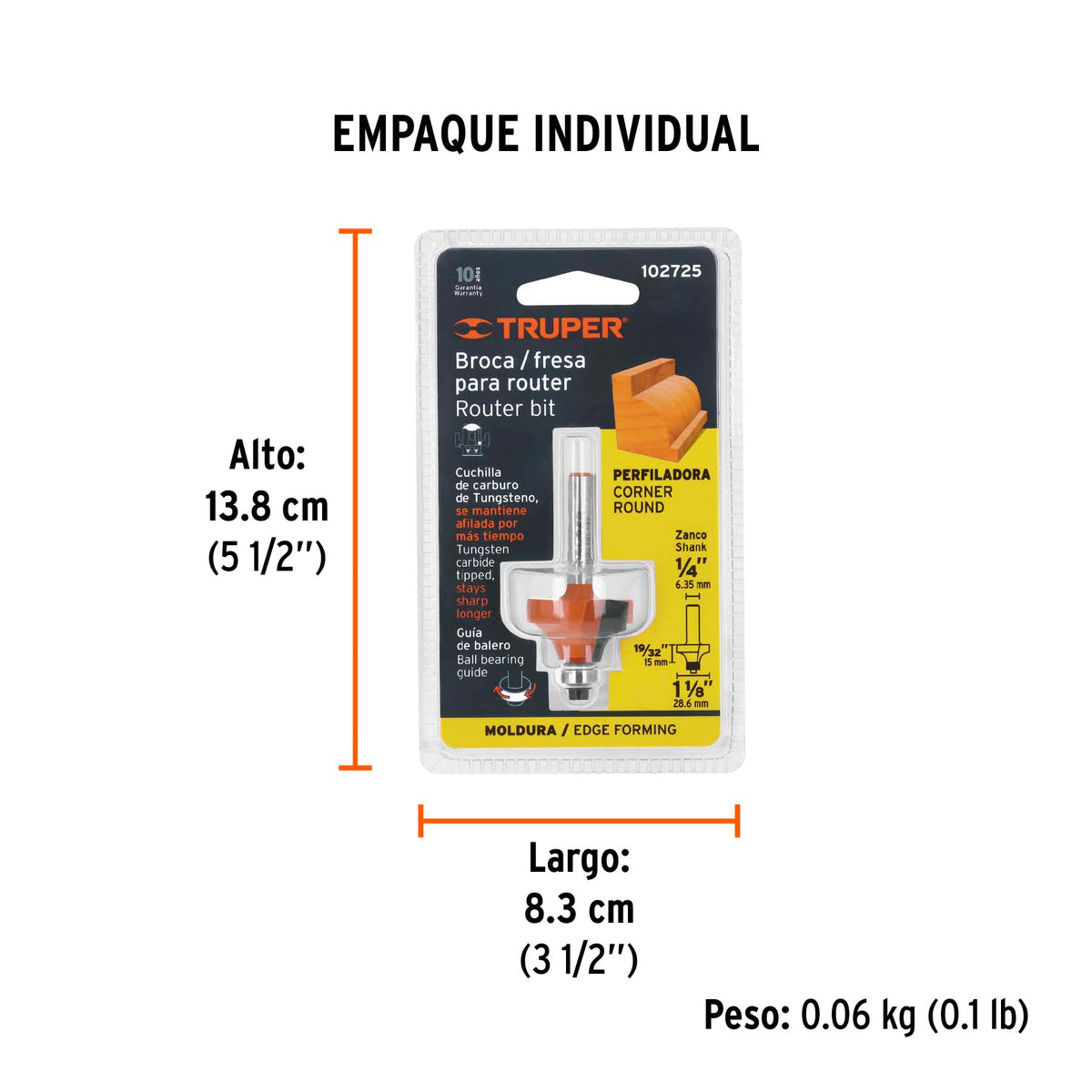 Broca para router, redondeado con moldura, 1-1/8' con balero