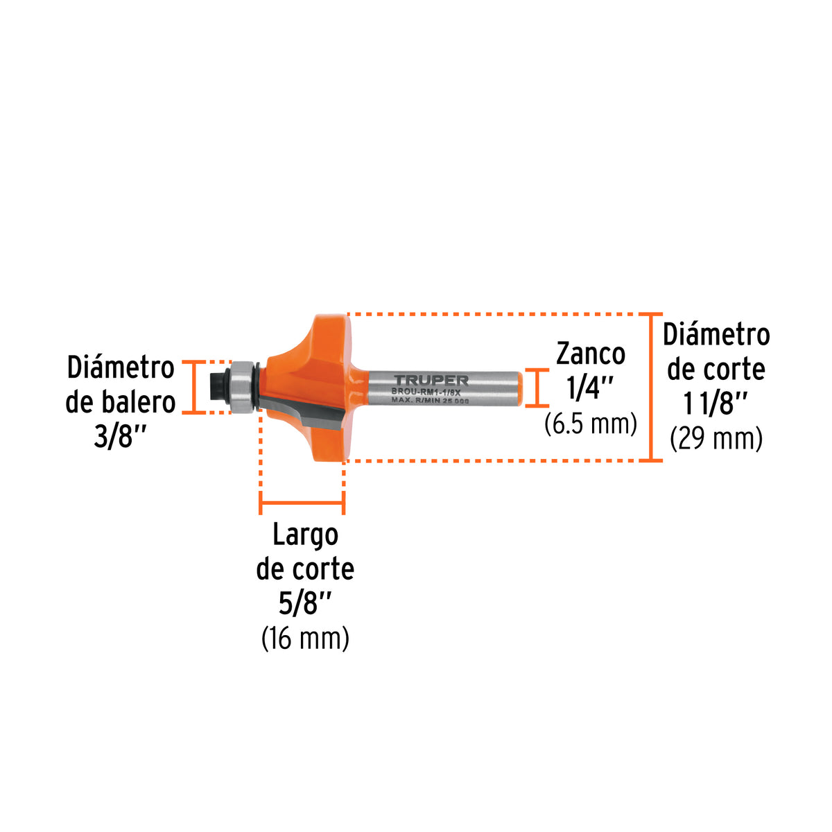 Broca para router, redondeado con moldura, 1-1/8' con balero