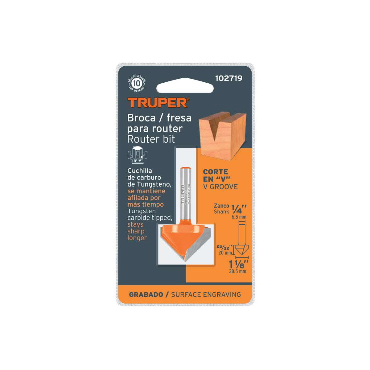 Broca para router, corte en 'V', 1-1/8'