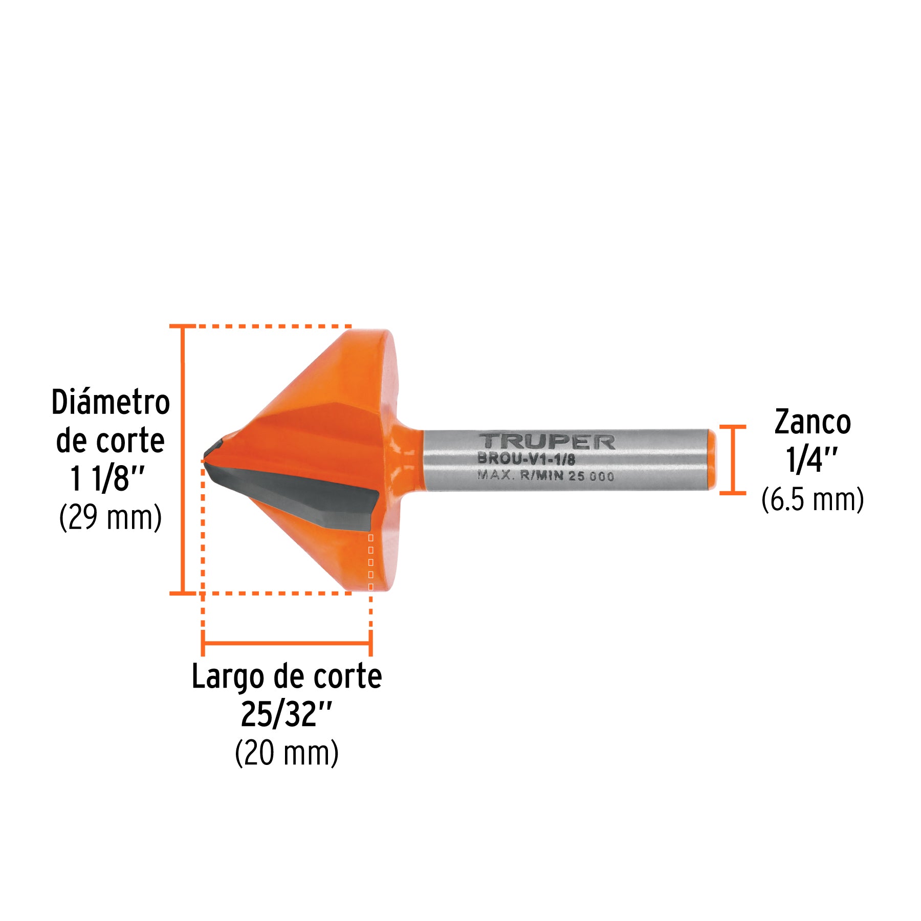 Broca para router, corte en 'V', 1-1/8'
