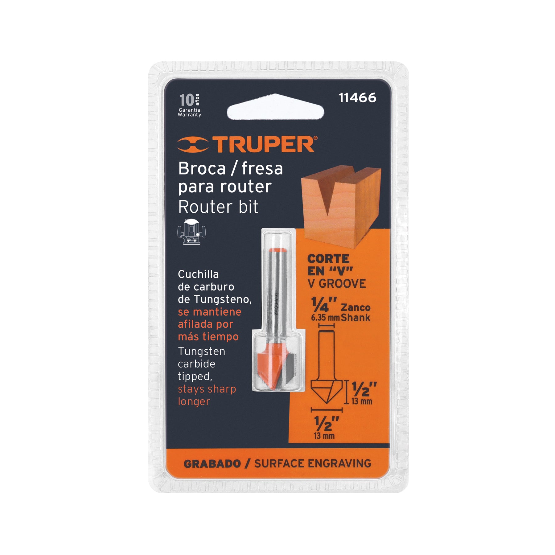 Broca para router, corte en "v", 1/2"