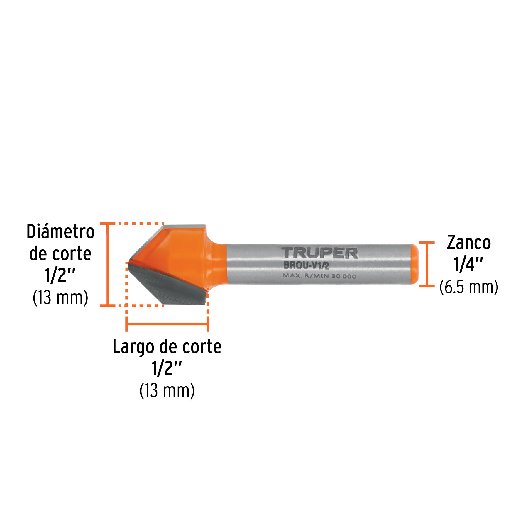 Broca para router, corte en "v", 1/2"