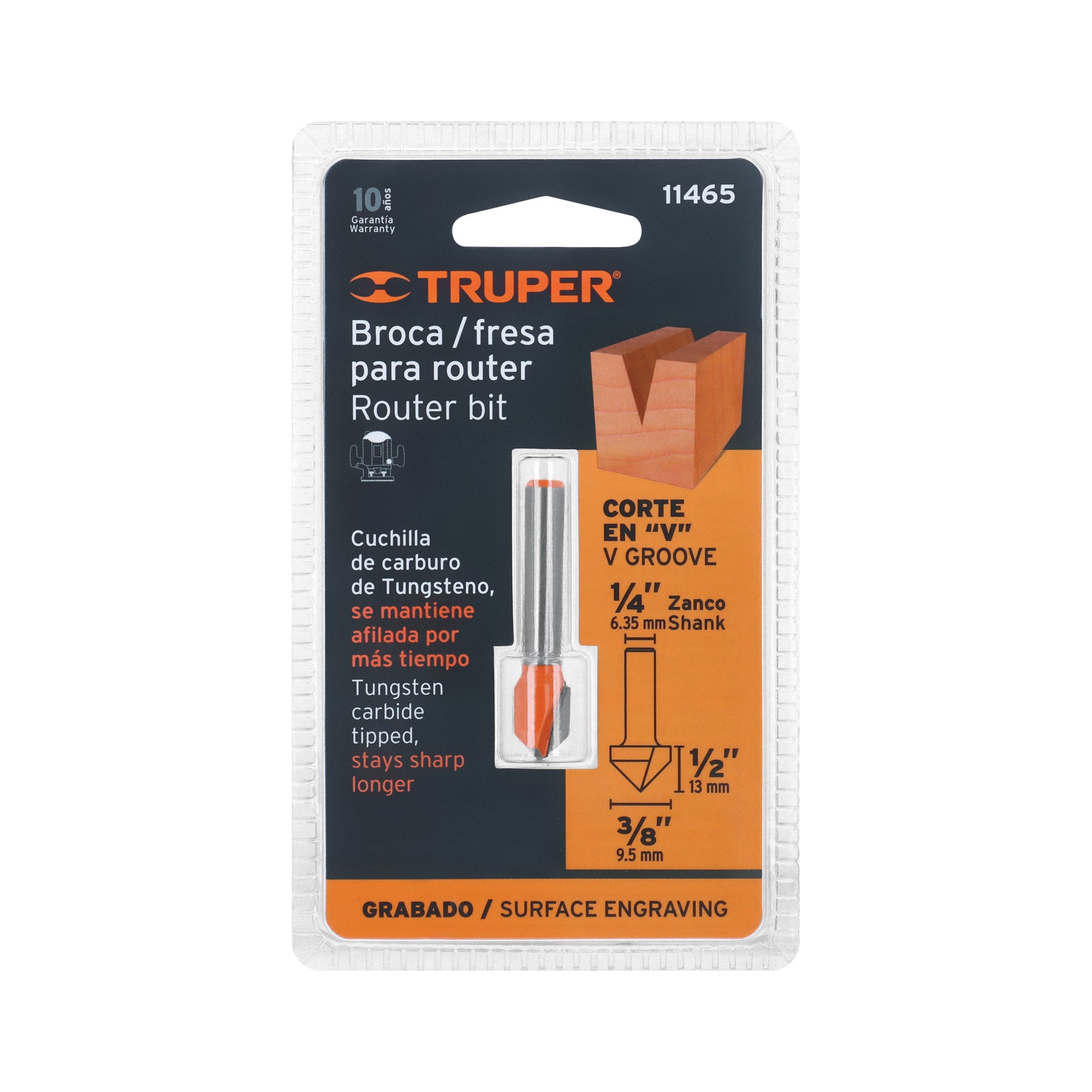 Broca para router, corte en "v", 3/8"