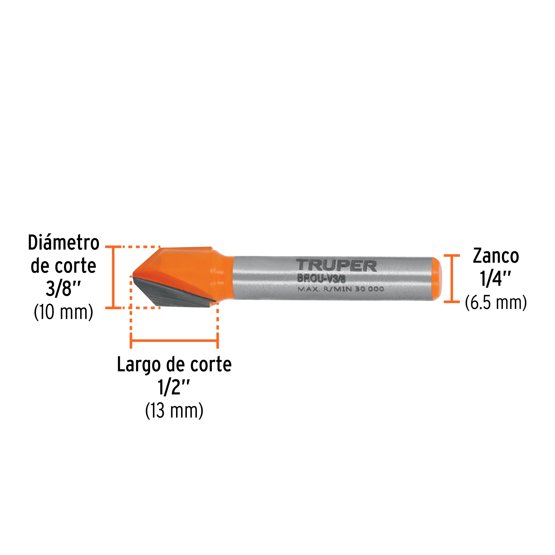 Broca para router, corte en "v", 3/8"