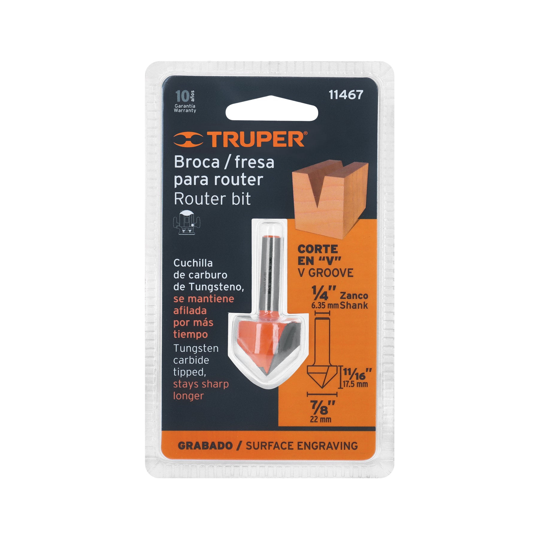 Broca para router, corte en "V", 7/8"