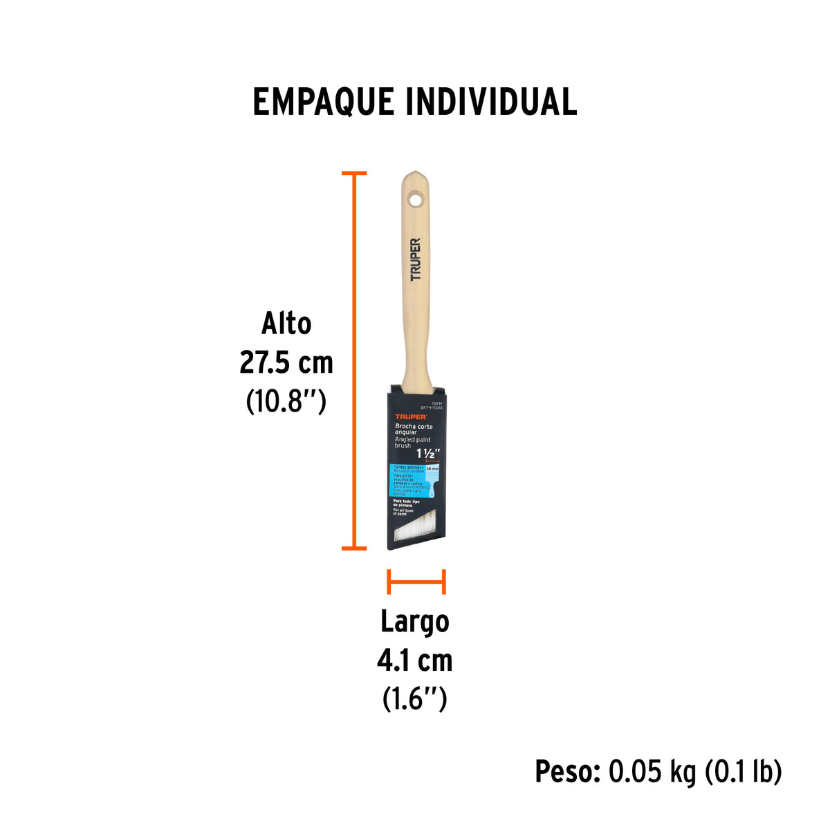Brocha cerdas sintéticas, mango madera,corte angular, 1-1/2"