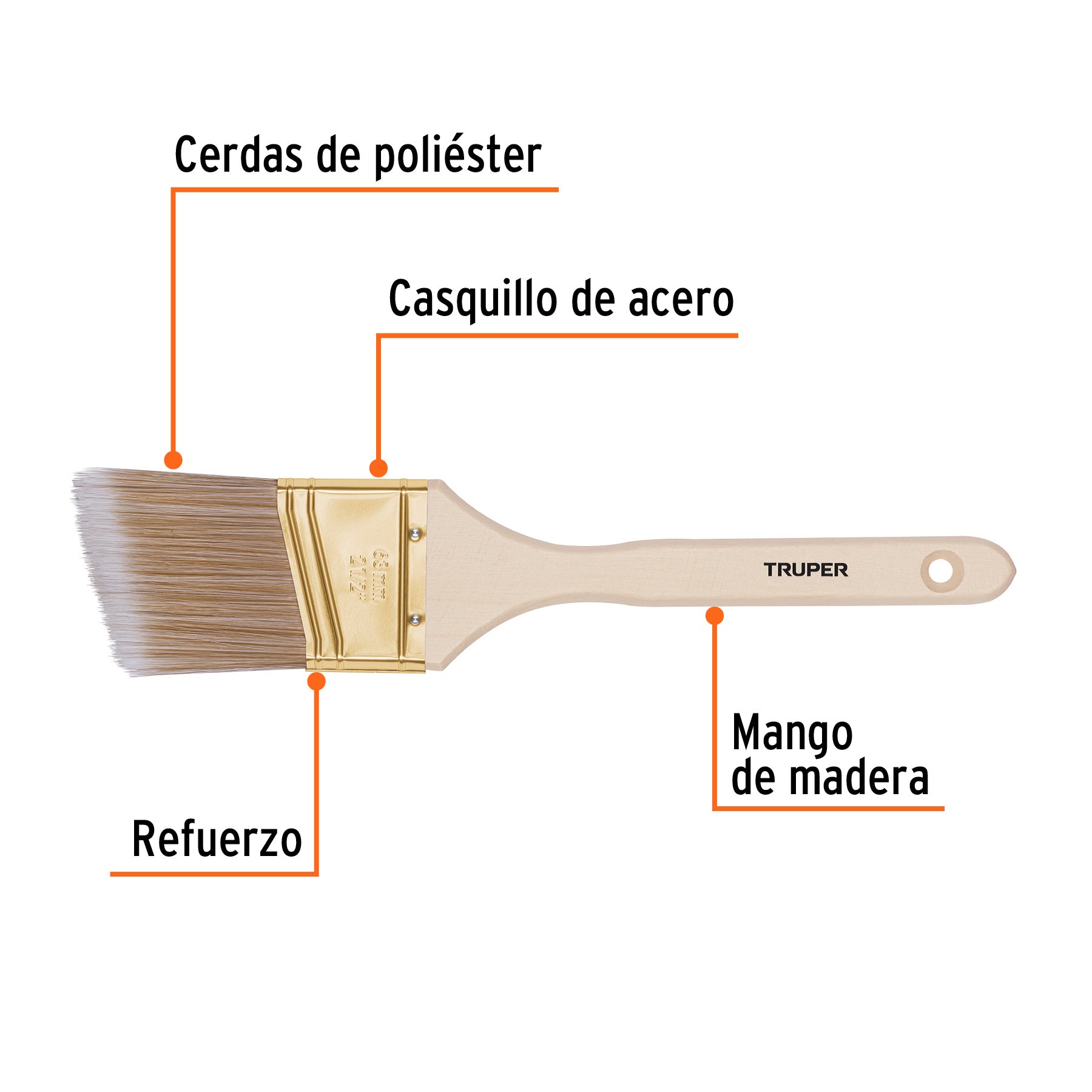 Brocha cerdas sintéticas, mango madera,corte angular, 2-1/2"