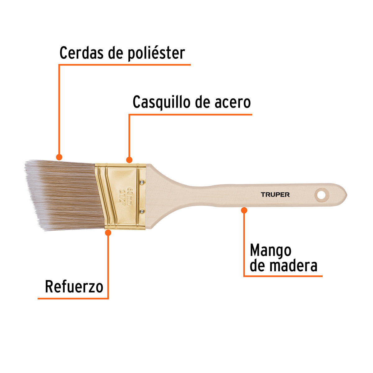 Brocha cerdas sintéticas, mango madera,corte angular, 2-1/2"