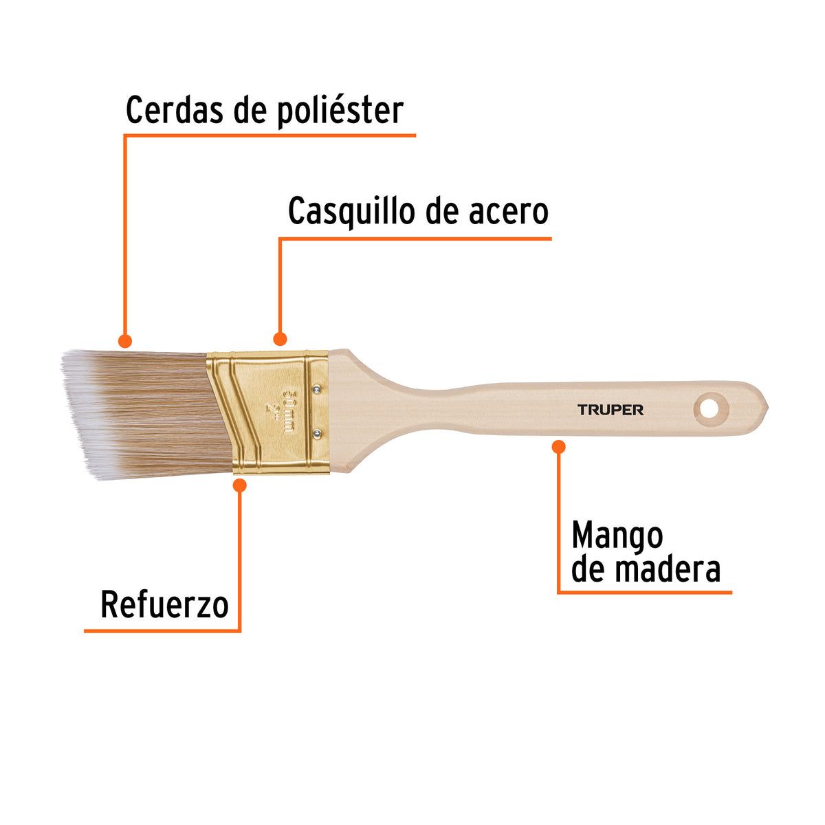 Brocha cerdas sintéticas, mango madera,corte angular, 2"