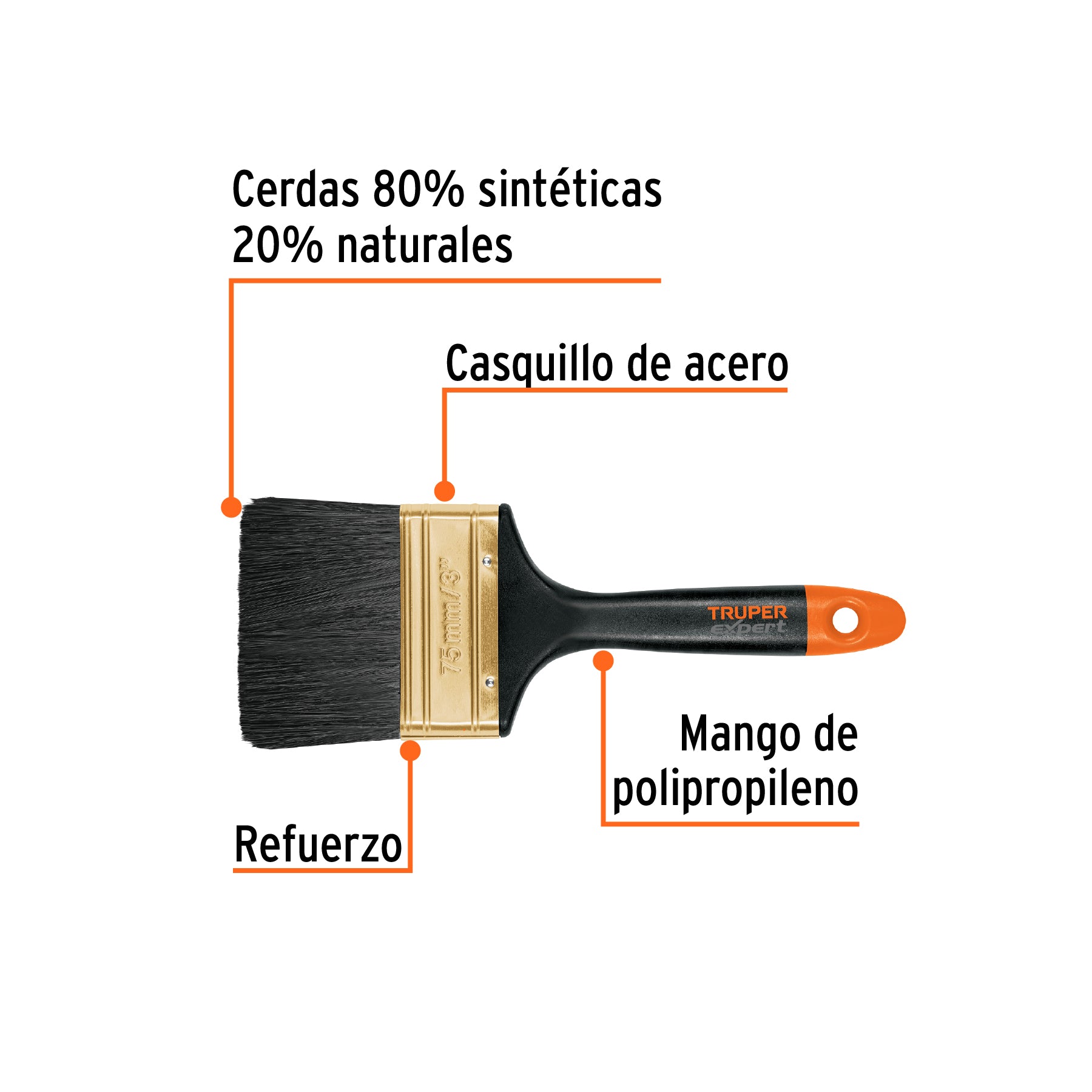 Brocha, mango de plástico, 3", Truper Expert
