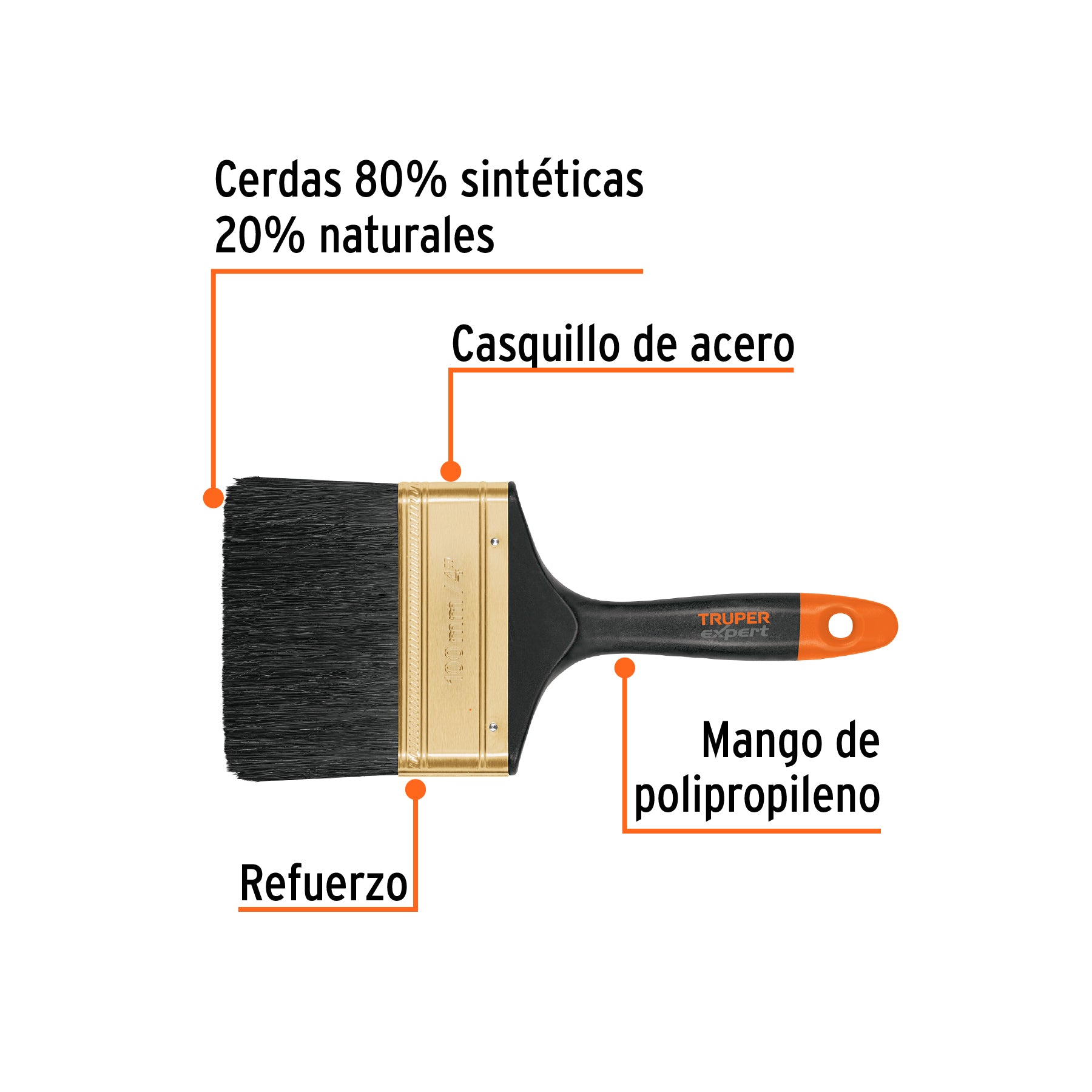 Brocha, mango de plástico, 4", Truper Expert