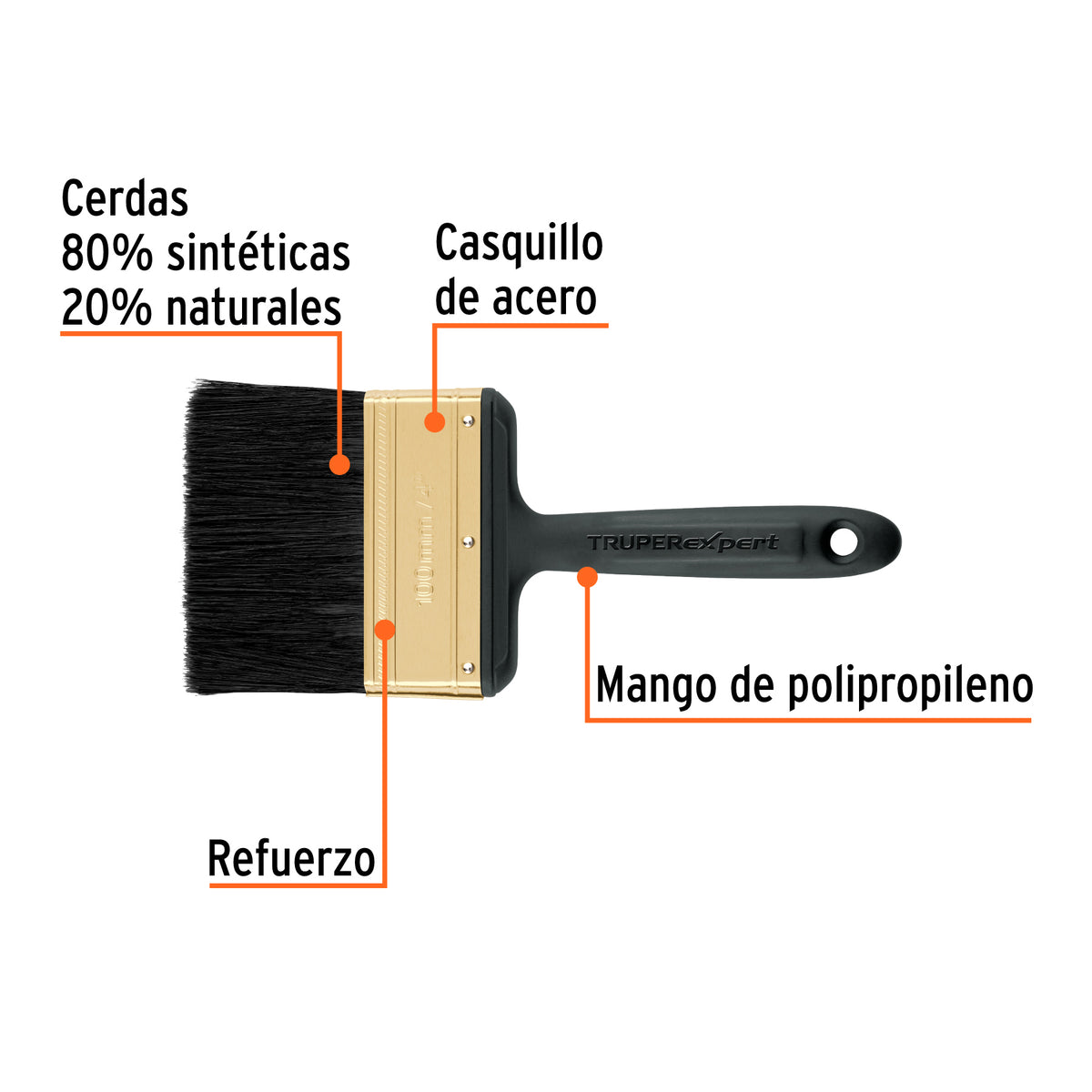 Brocha, mango de plástico, 4", Truper Expert