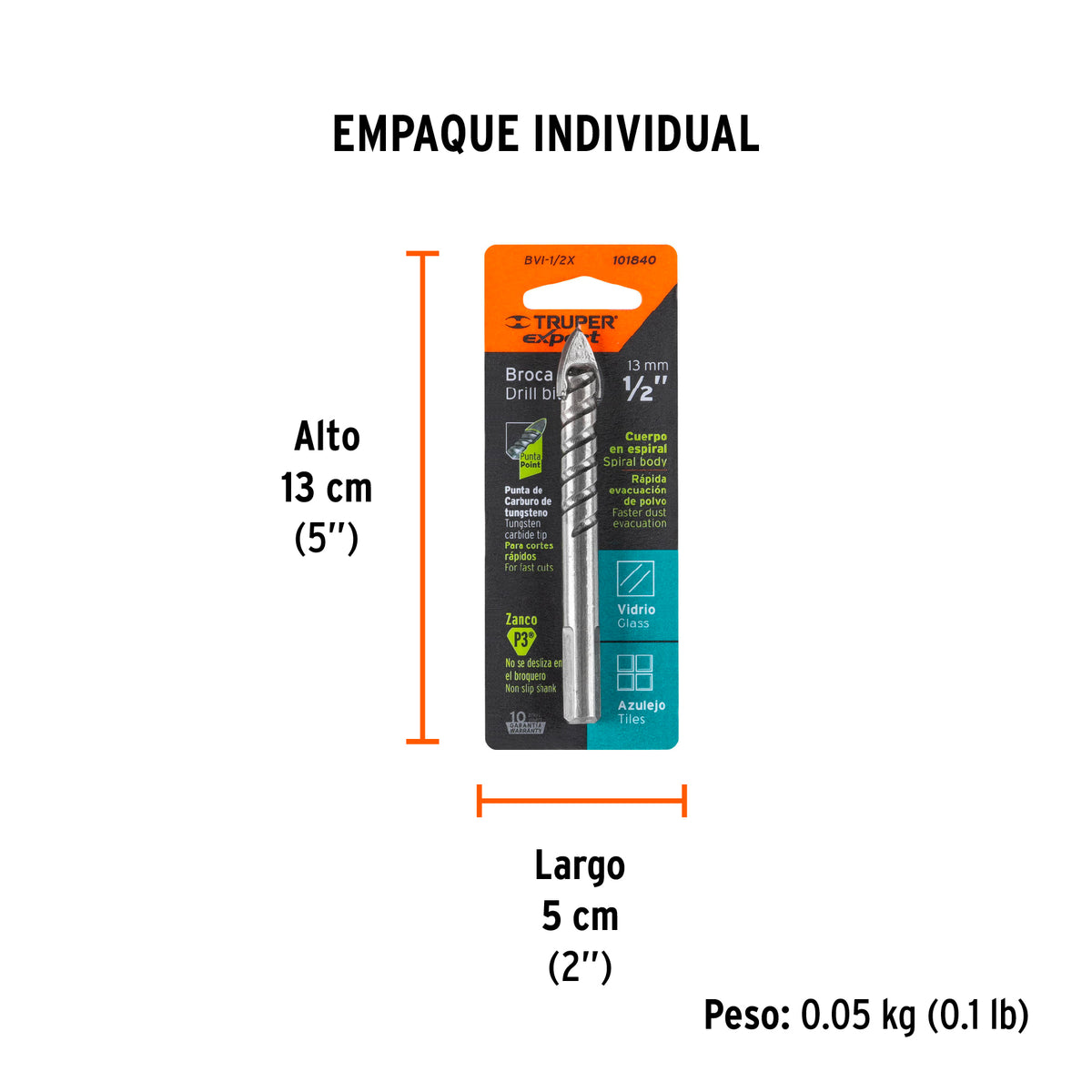 Broca para vidrio y azulejo 1/2', Truper Expert