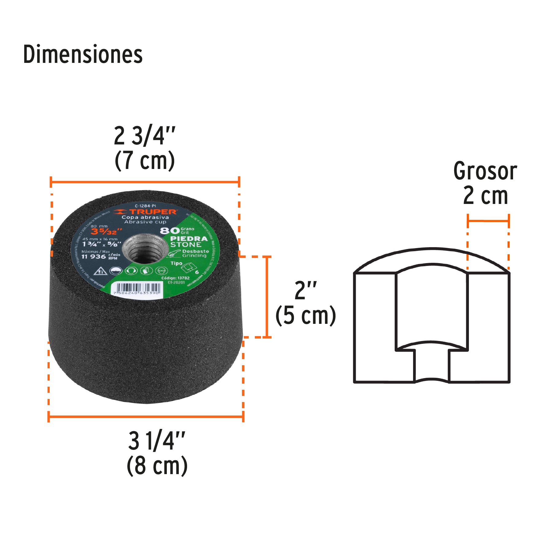 Copa desbaste, 3-5/32", grano 80 para piedra
