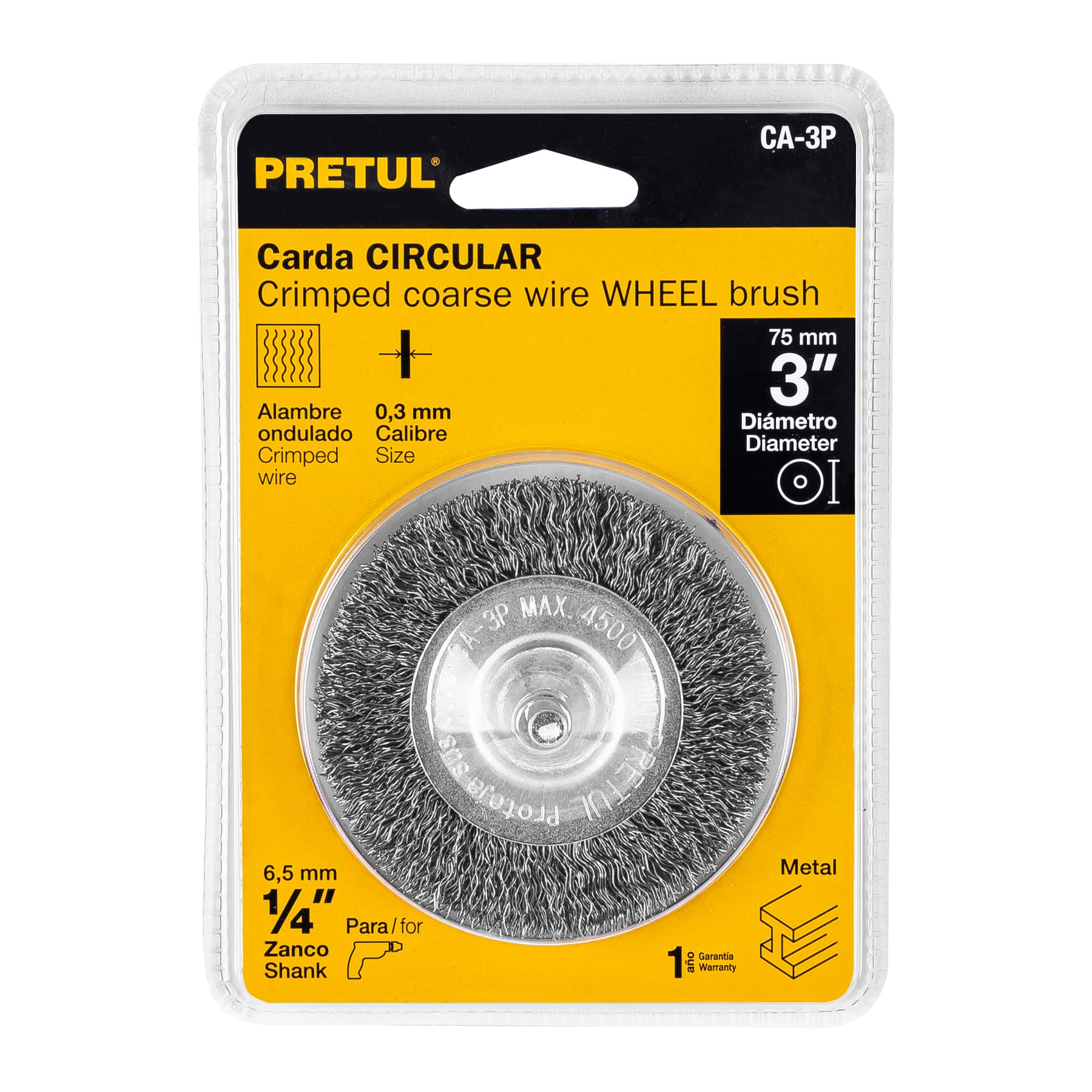 Carda circular 3", alambre grueso, para taladro, pretul