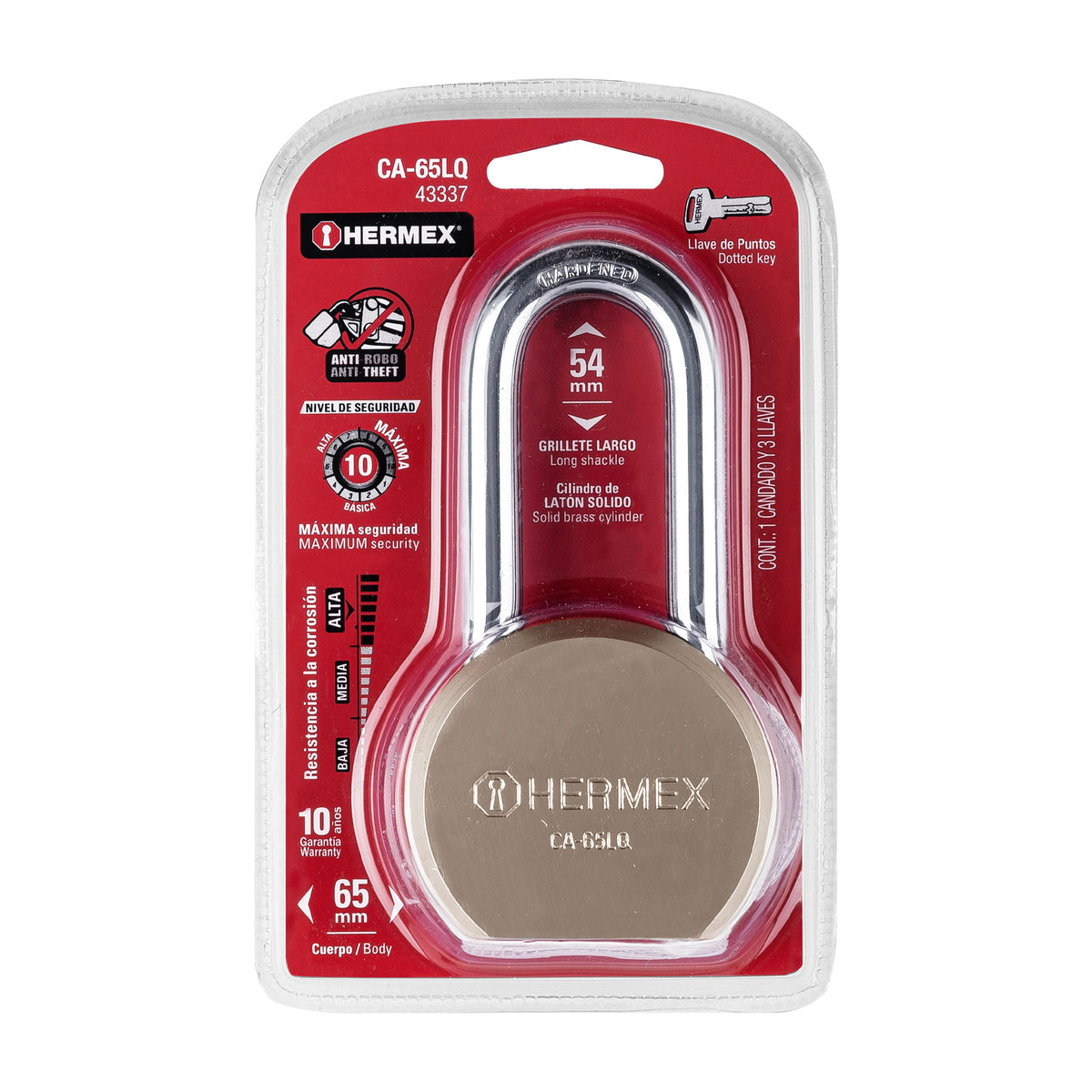 Candado redondo, 65mm, gancho largo, llave de puntos,blister