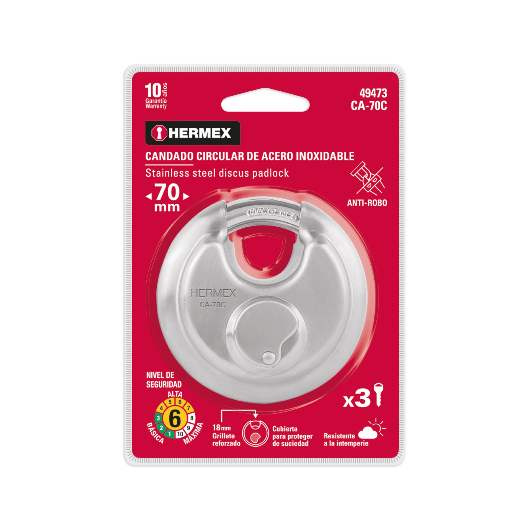 Candado circular acero inox, cilindro latón, 70 mm