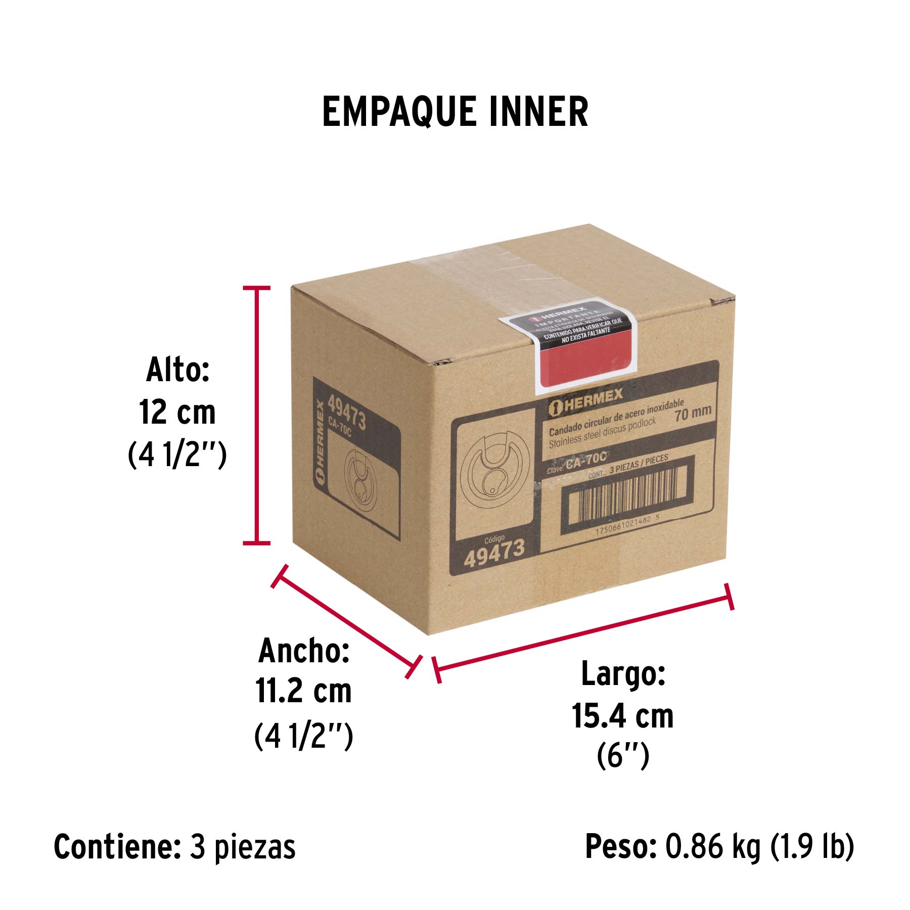 Candado circular acero inox, cilindro latón, 70 mm