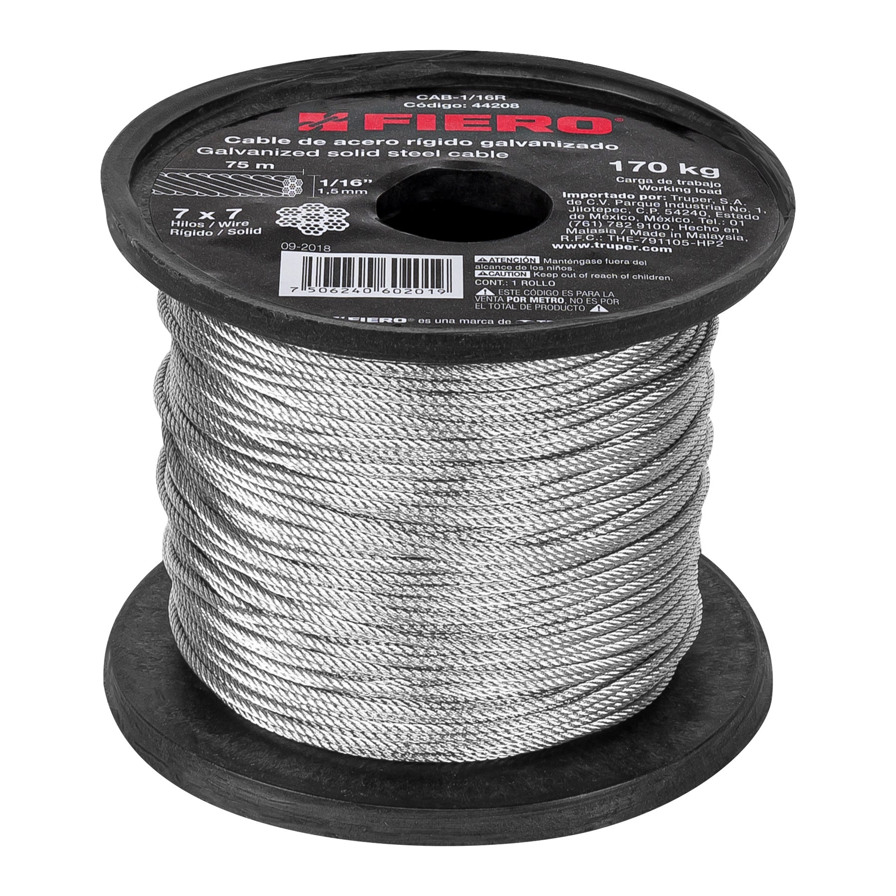 Cable rígido de acero 1/16", 7X7, 75 m