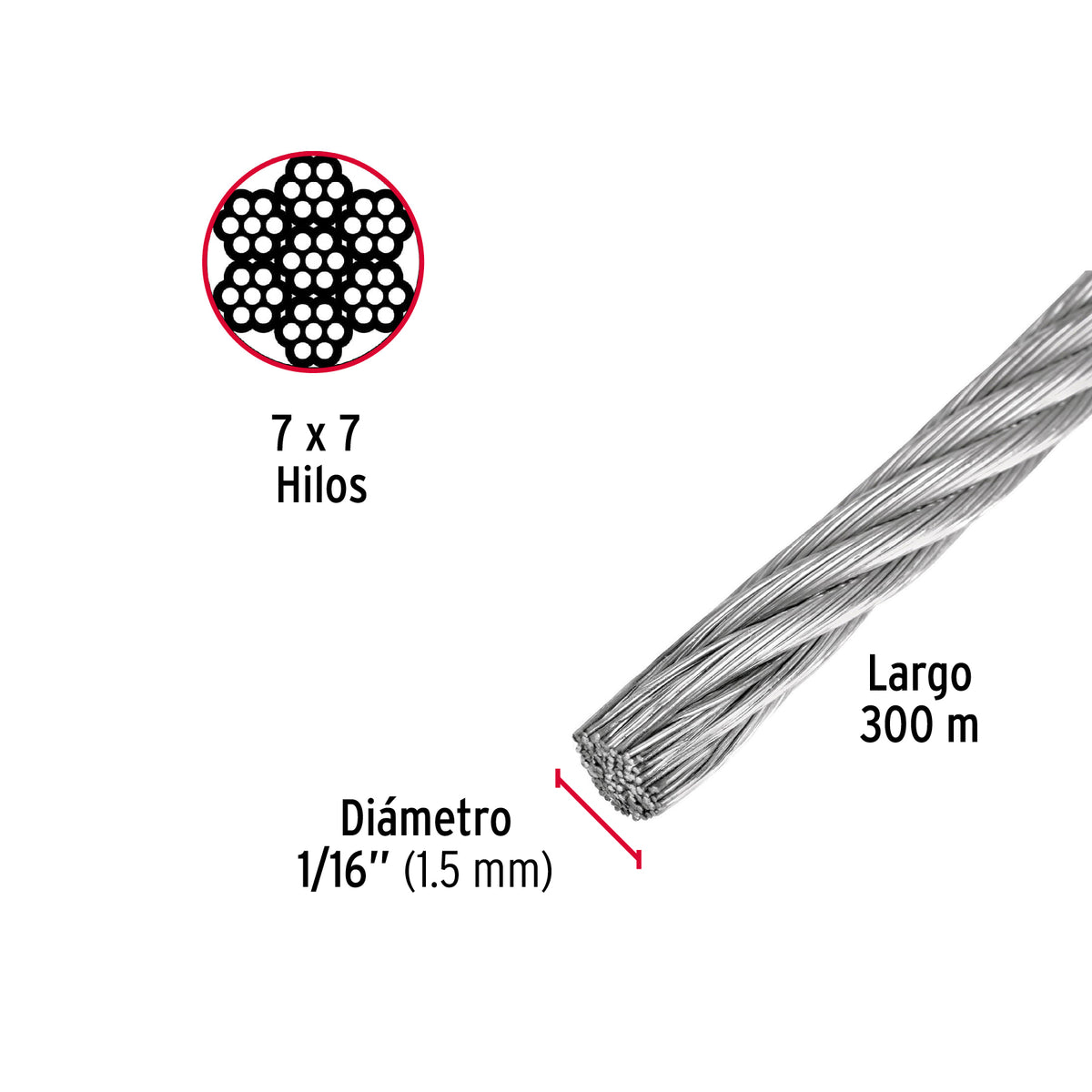 Cable rígido de acero 1/16", 7X7, 300 m