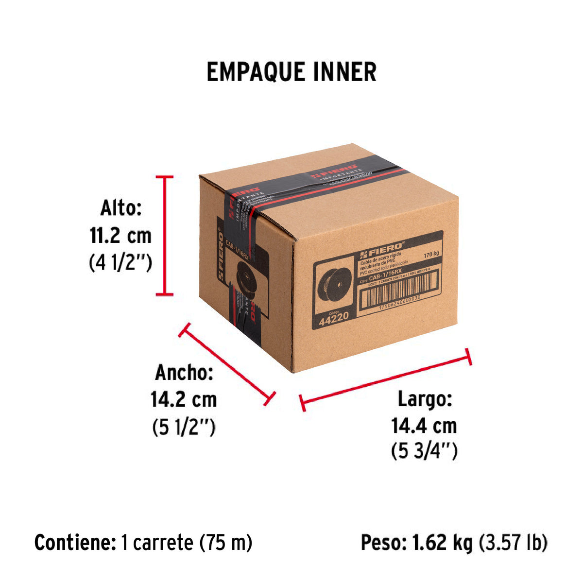 Cable rígido de acero 1/16", recubierto PVC, 7X7, 75 m
