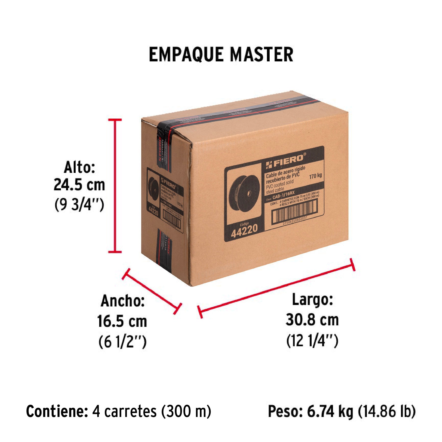 Cable rígido de acero 1/16", recubierto PVC, 7X7, 75 m