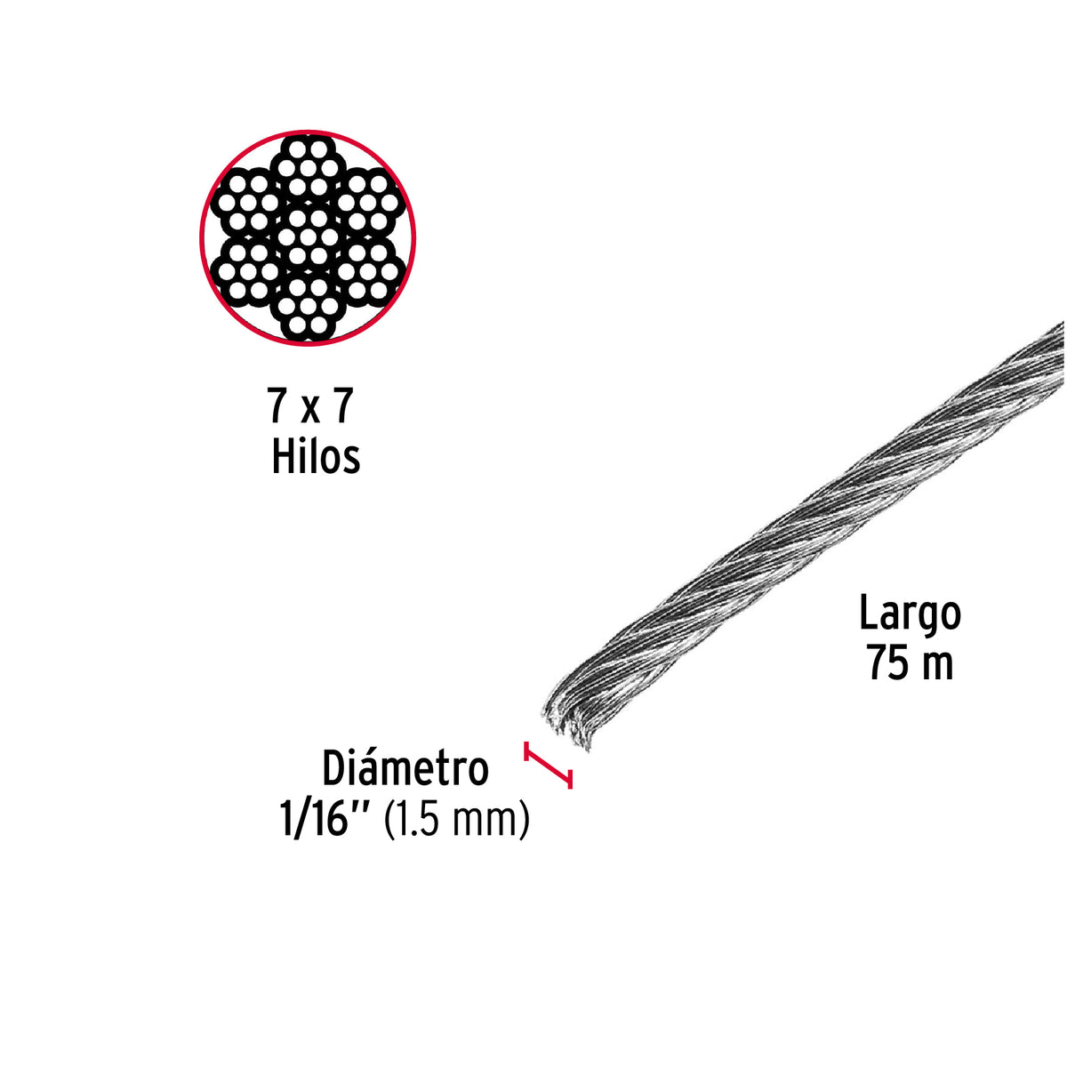 Cable rígido de acero 1/16", 7X7, 75 m