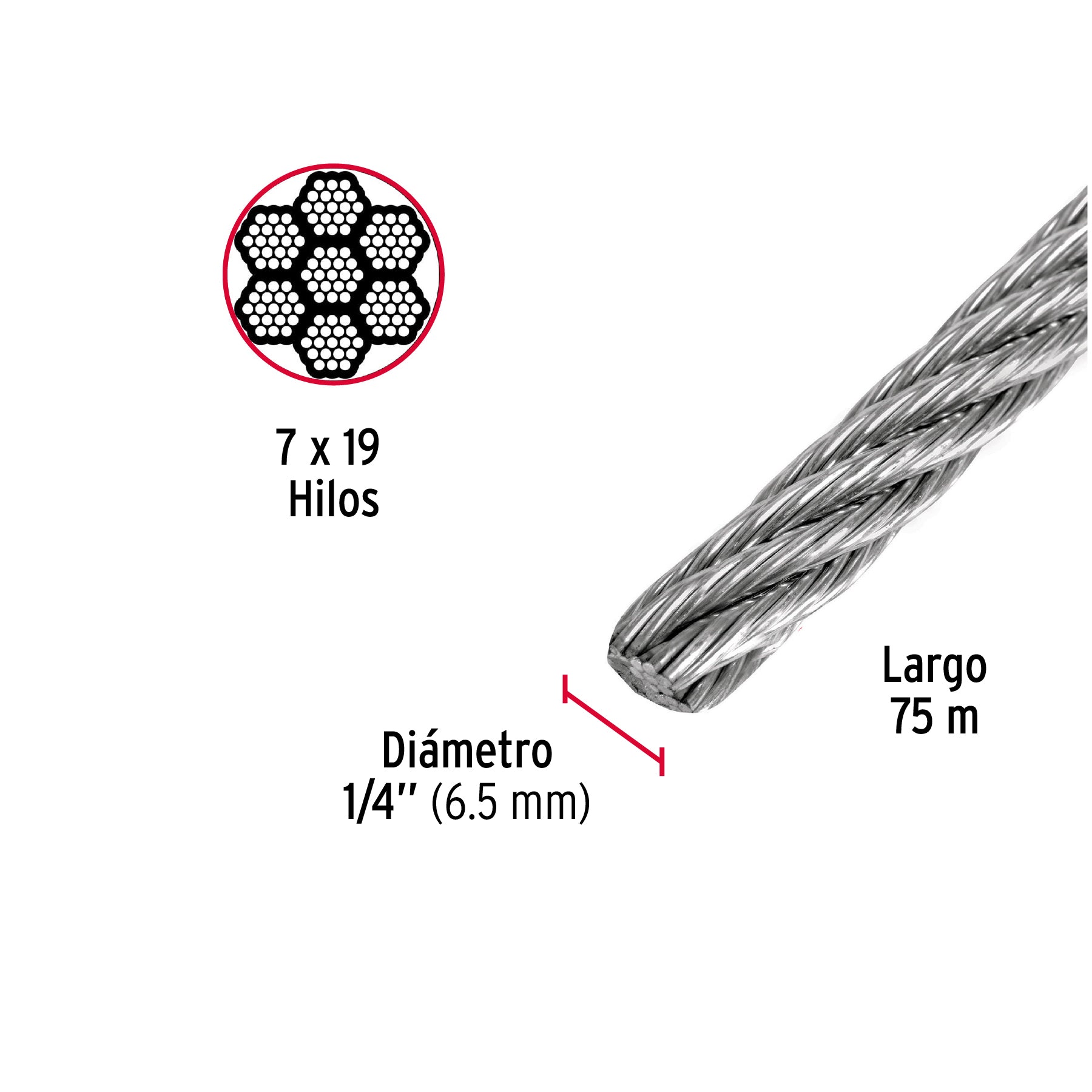 Cable flexible de acero 1/4", 7X19, 75 m
