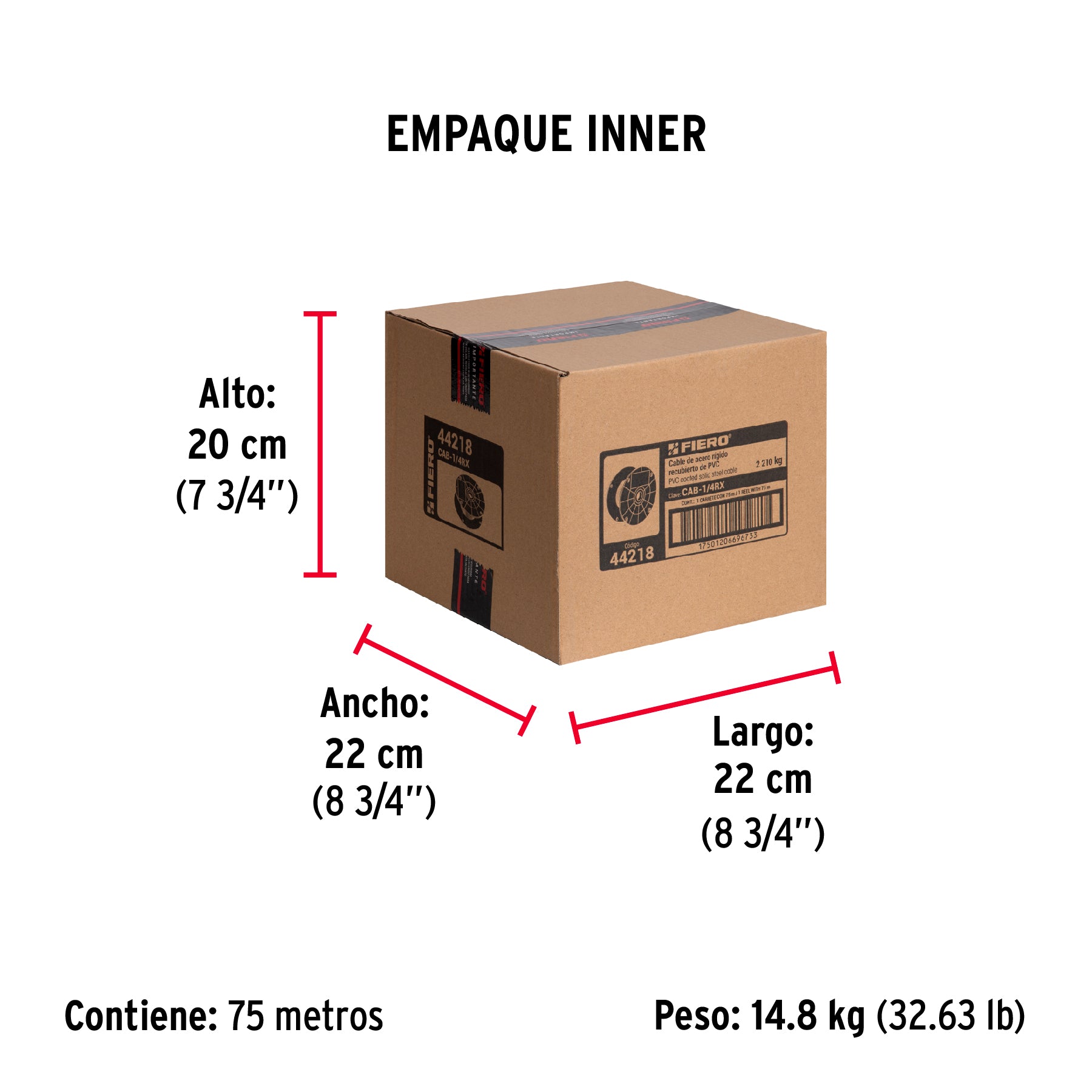 Cable rígido de acero 1/4", recubierto PVC, 7X7, 75 m