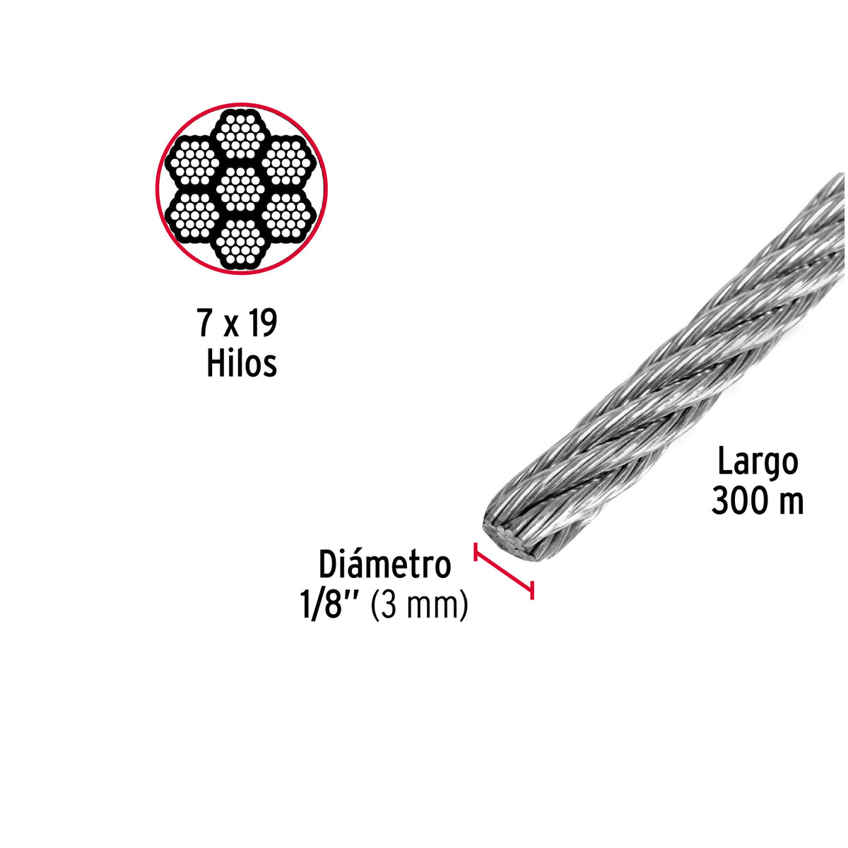 Cable flexible de acero 1/8", 7X19, 300m