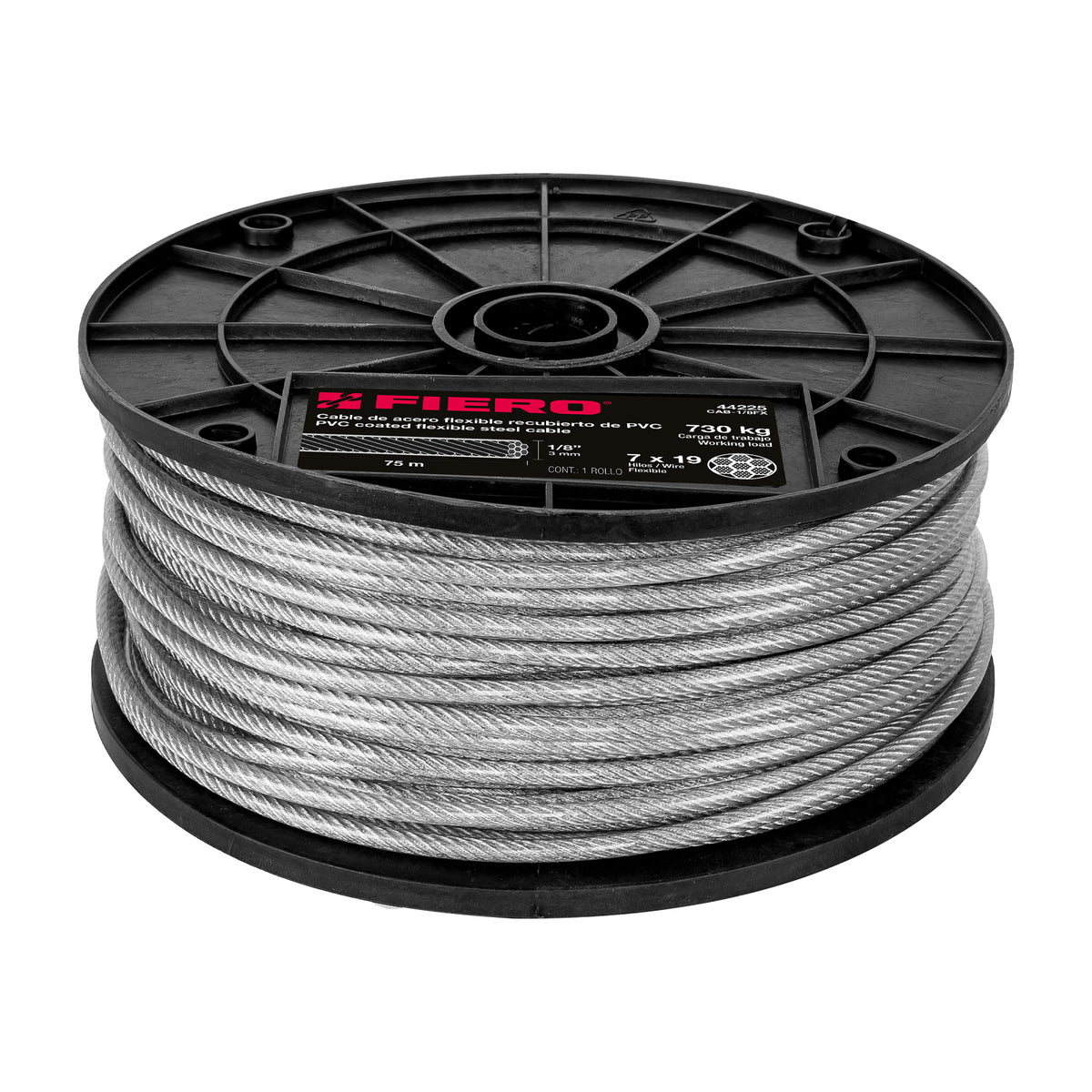 Cable flexible de acero 1/8", recubierto PVC, 7X19, 75 m