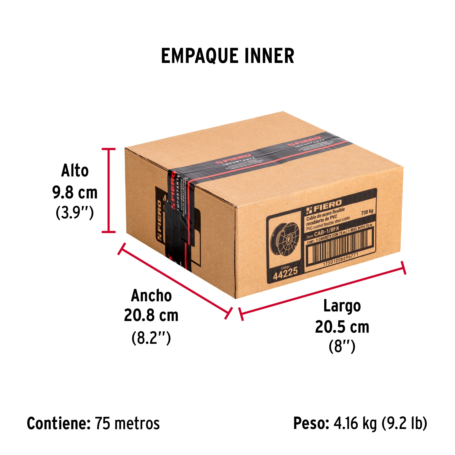Cable flexible de acero 1/8", recubierto PVC, 7X19, 75 m
