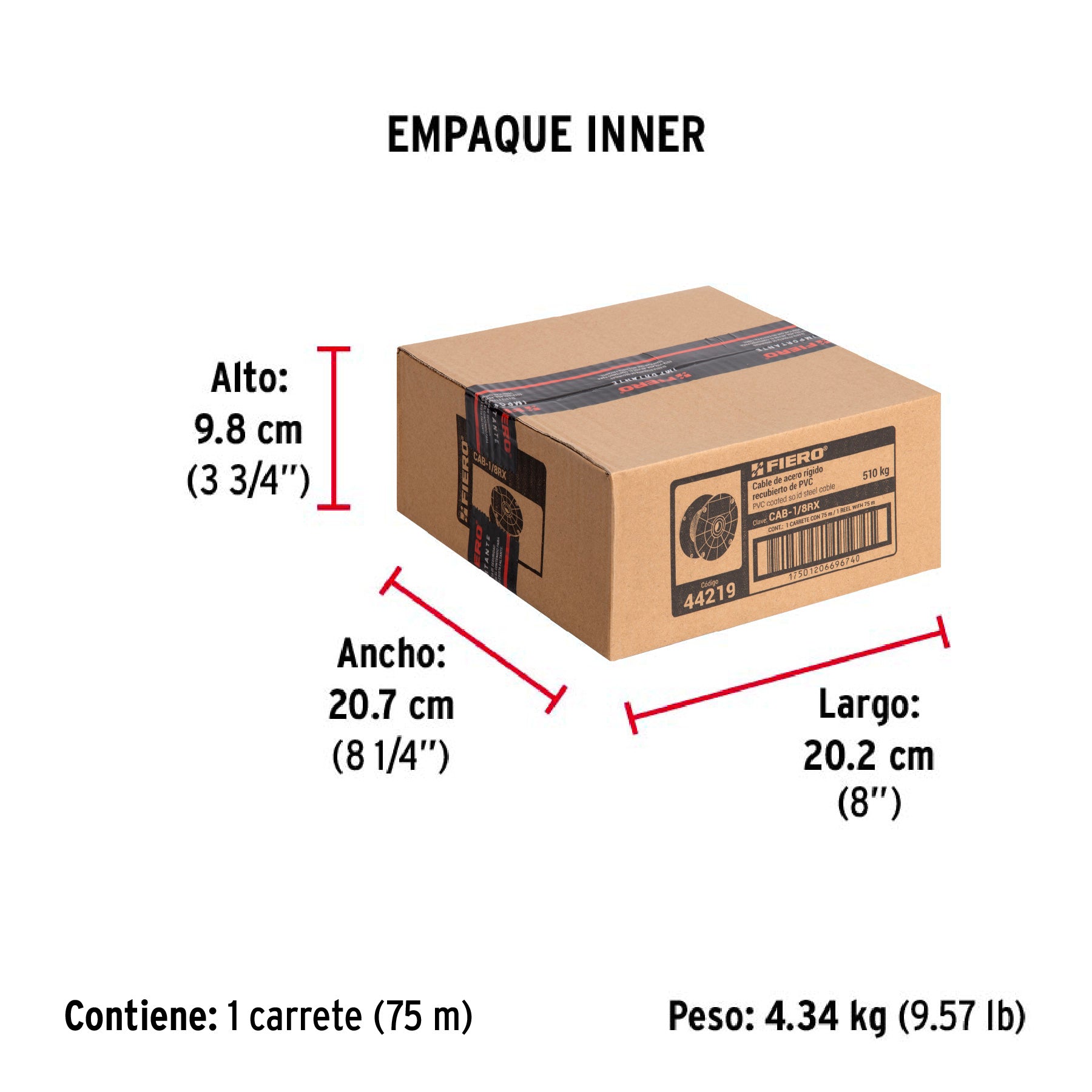 Cable rígido de acero 1/8", recubierto PVC, 7X7, 75 m