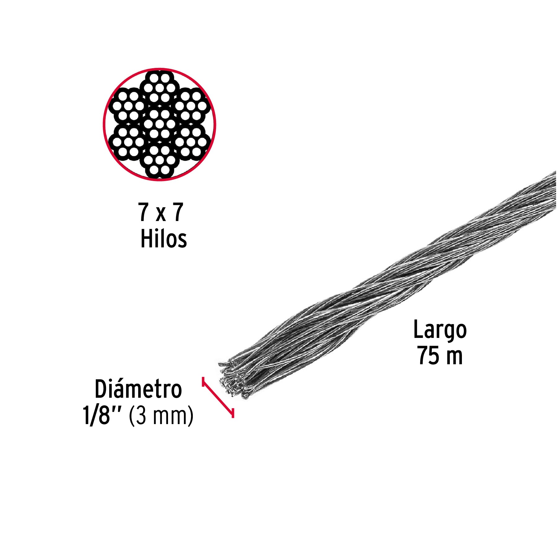 Cable rígido de acero 1/8", 7X7, 75 m