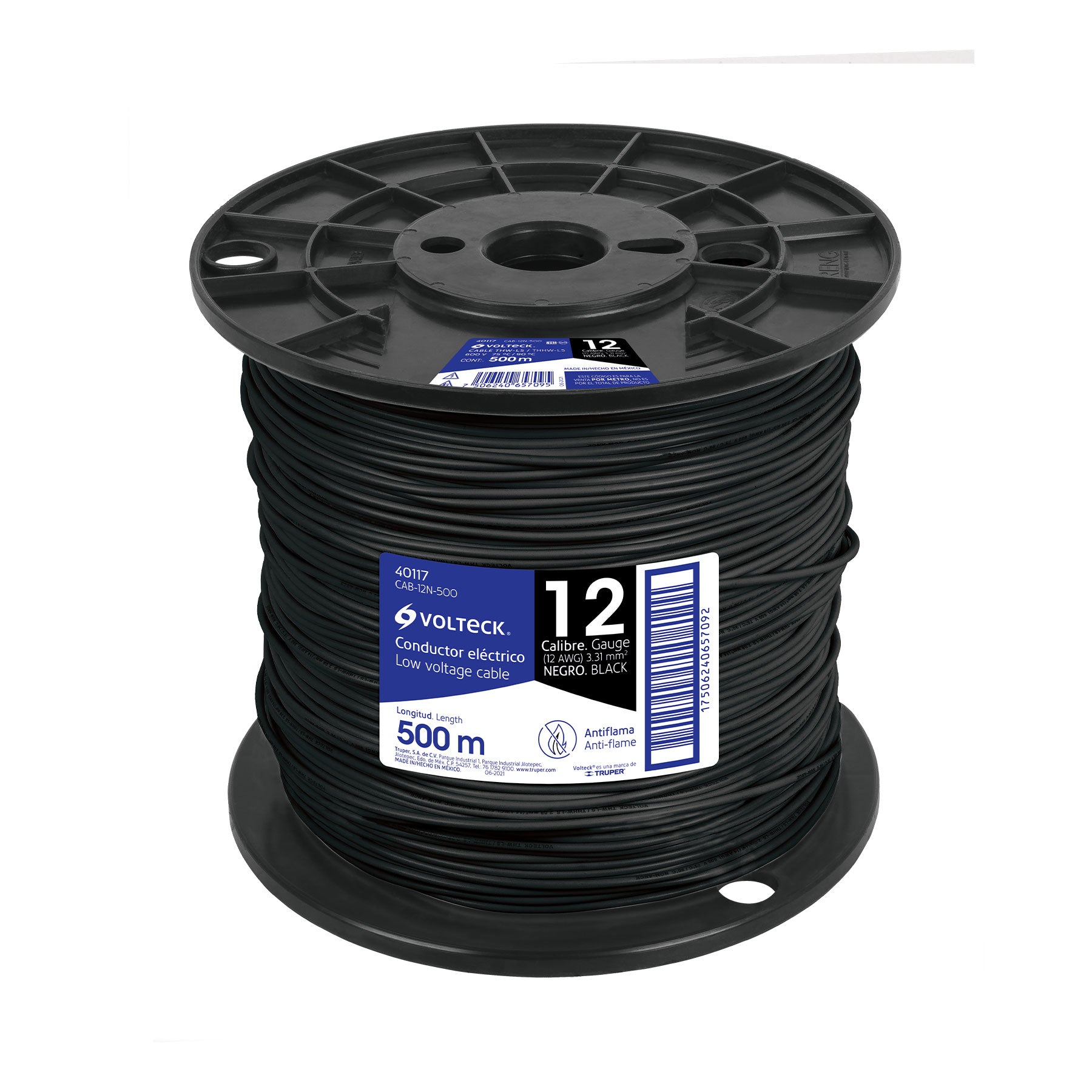Cable THHW-LS, 12 AWG, negro, bobina 500 m