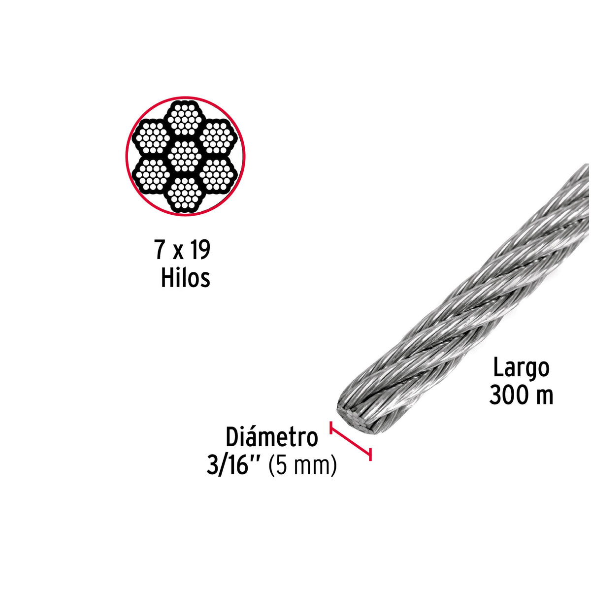 Cable flexible de acero 3/16", 7X19, 300 m