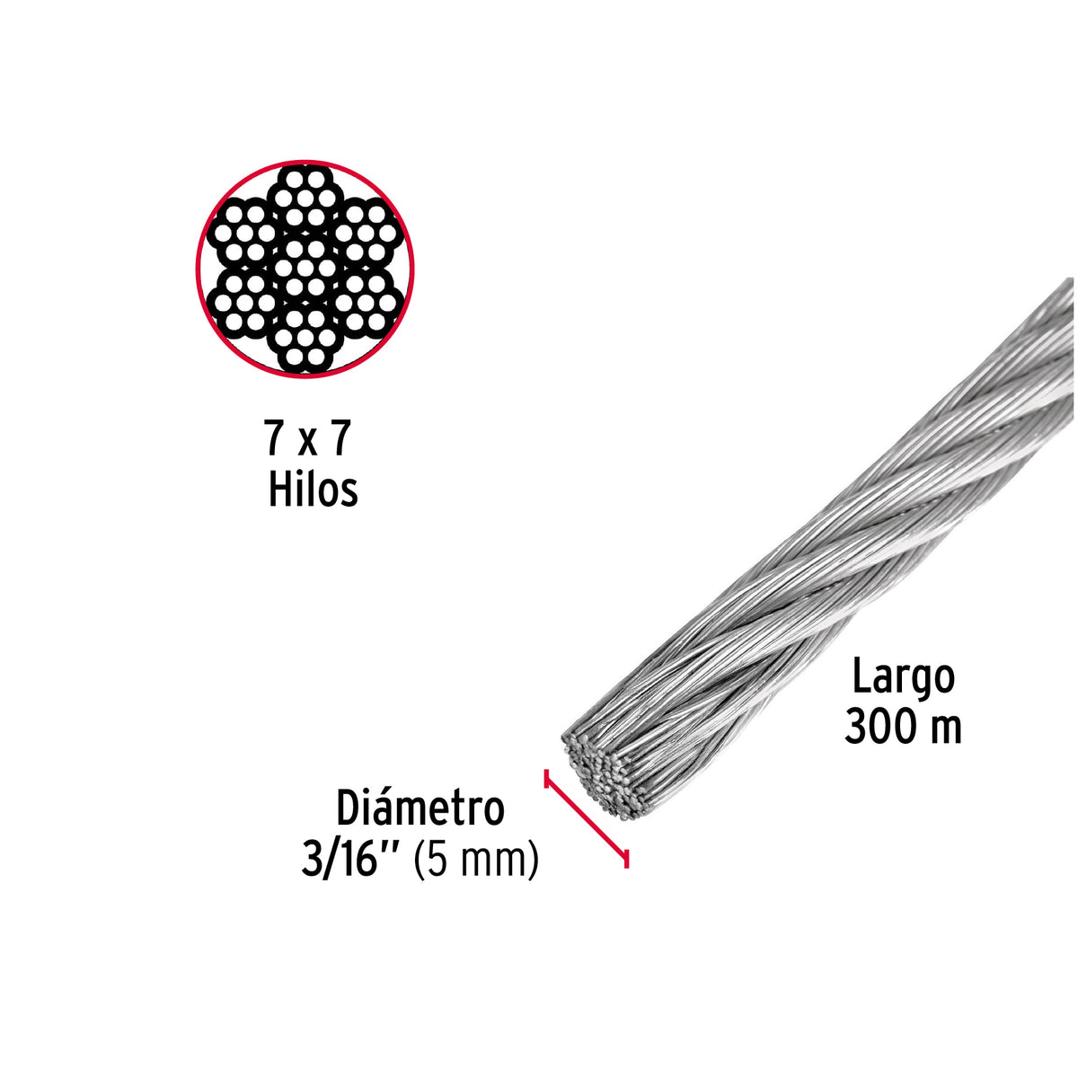 Cable rígido de acero 3/16", 7X7, 300 m