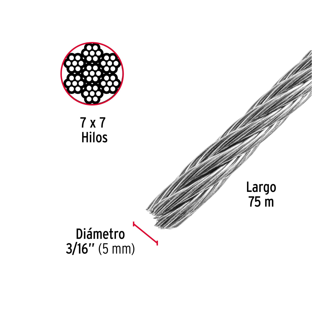 Cable rígido de acero 3/16", 7X7, 75 m