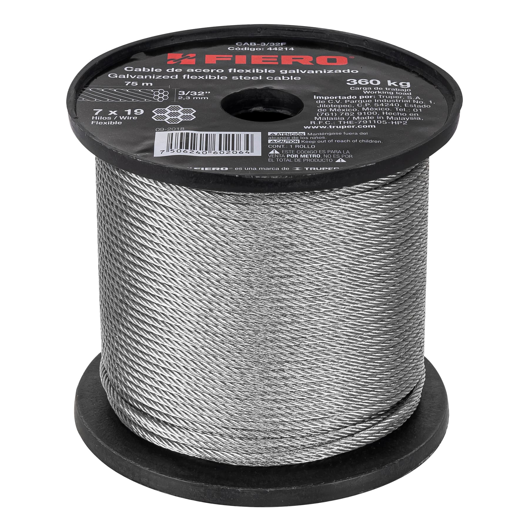 Cable flexible de acero 3/32", 7X19, 75 m