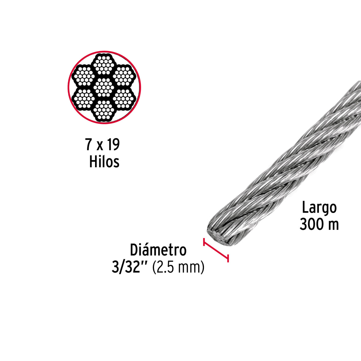 Cable flexible de acero 3/32", 7X19, 300 m