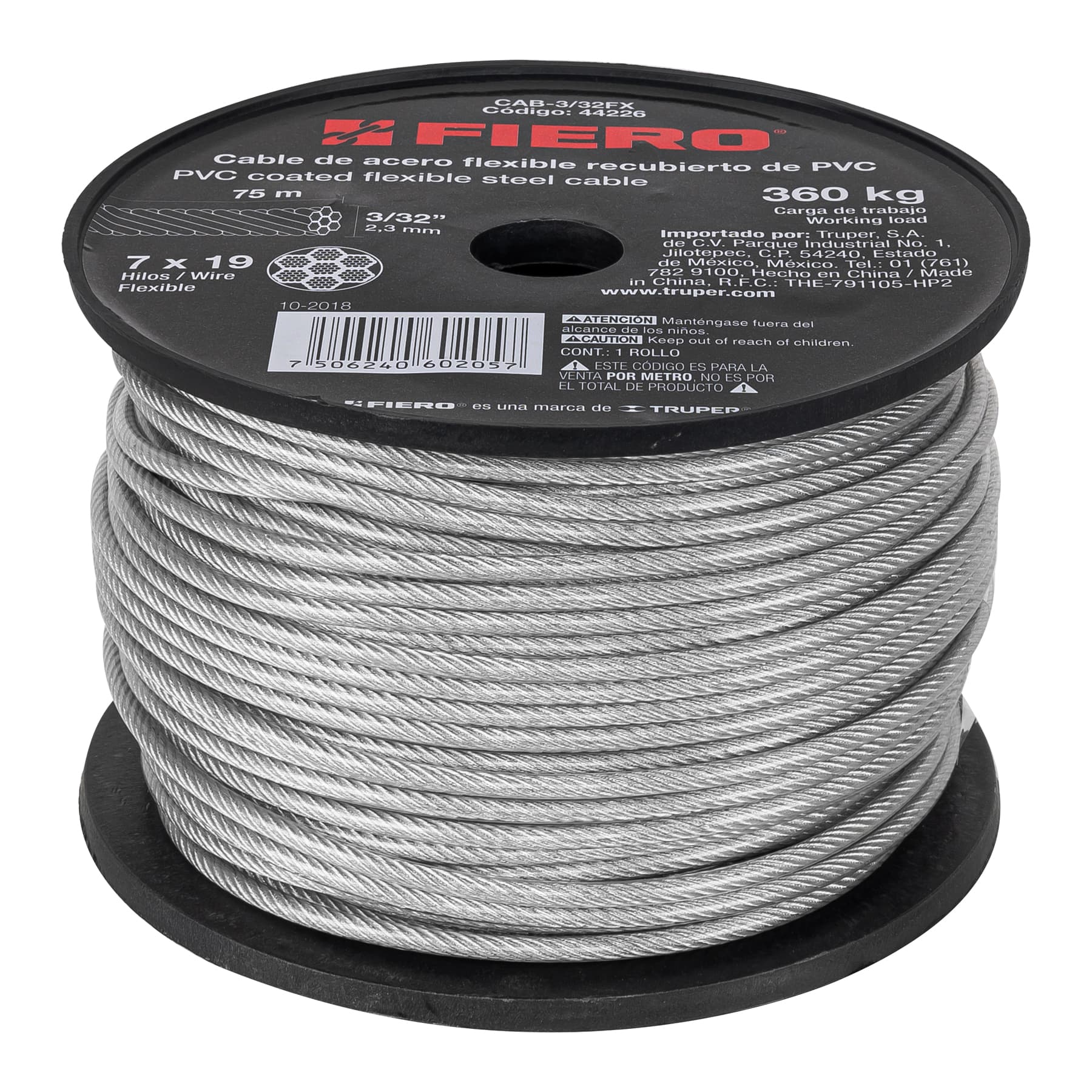 Cable flexible de acero 3/32", recubierto PVC, 7X19, 75 m