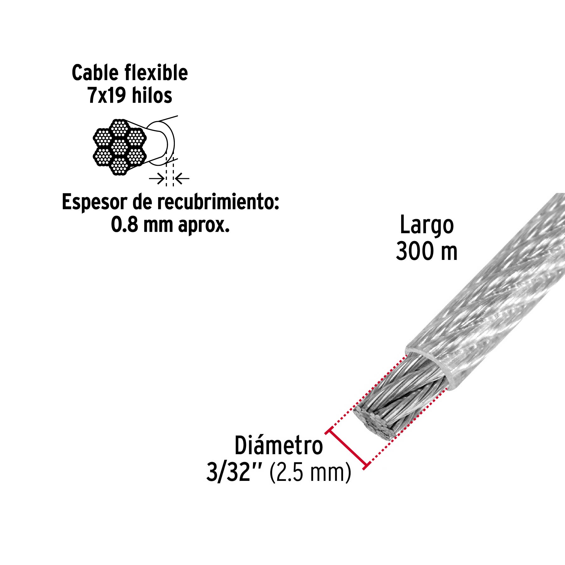 Cable flexible de acero 3/32, recubierto PVC, 7X19, 300 m