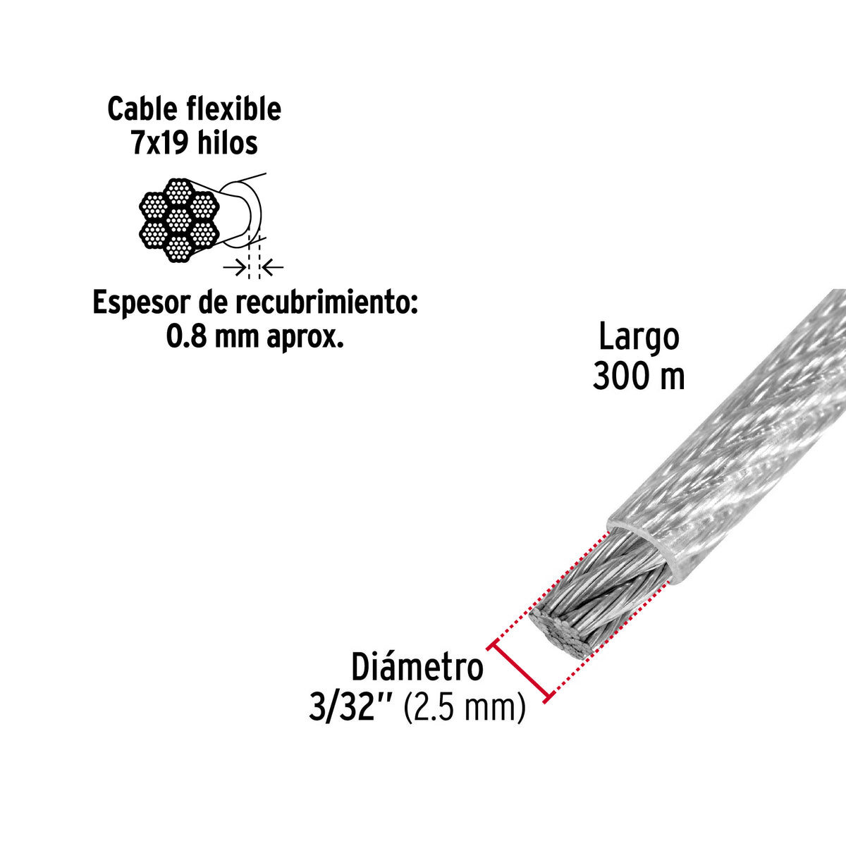 Cable flexible de acero 3/32, recubierto PVC, 7X19, 300 m