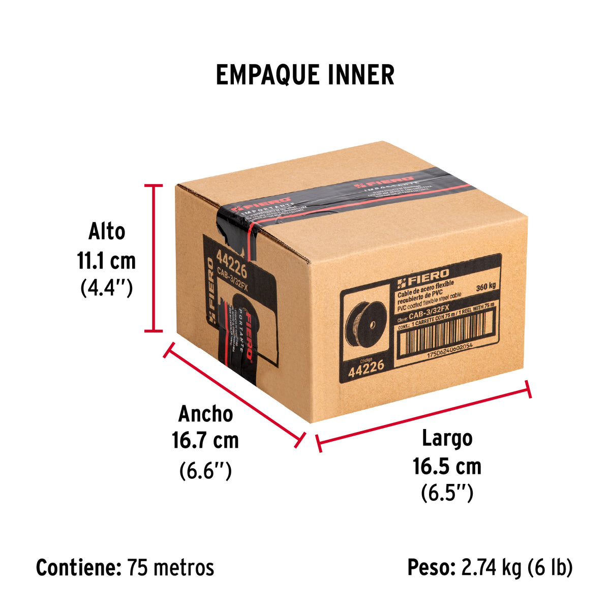 Cable flexible de acero 3/32", recubierto PVC, 7X19, 75 m