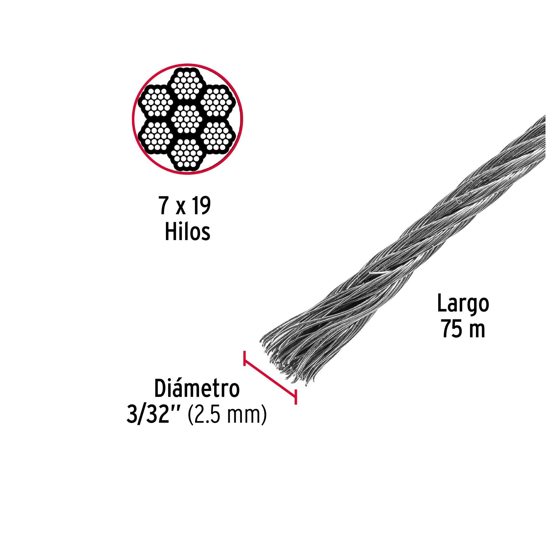 Cable flexible de acero 3/32", 7X19, 75 m