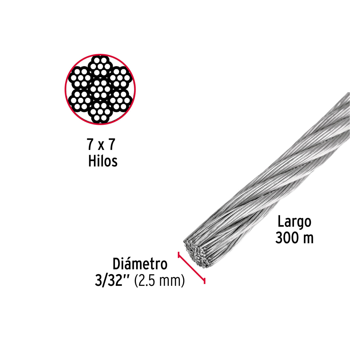 Cable rígido de acero 3/32", 7X7, 300 m