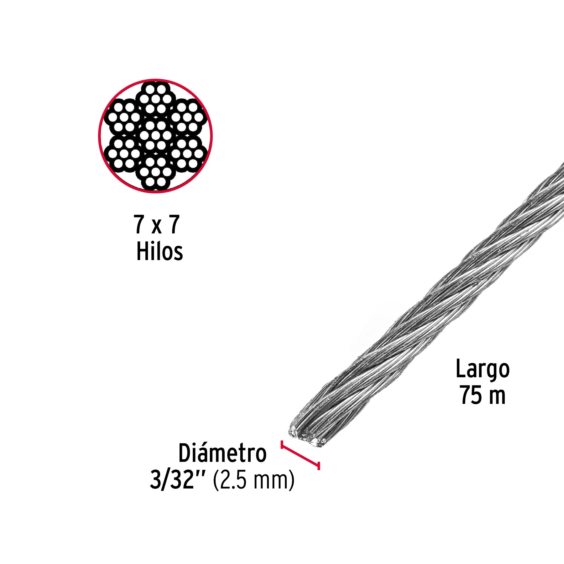 Cable rígido de acero 3/32", 7X7, 75 m