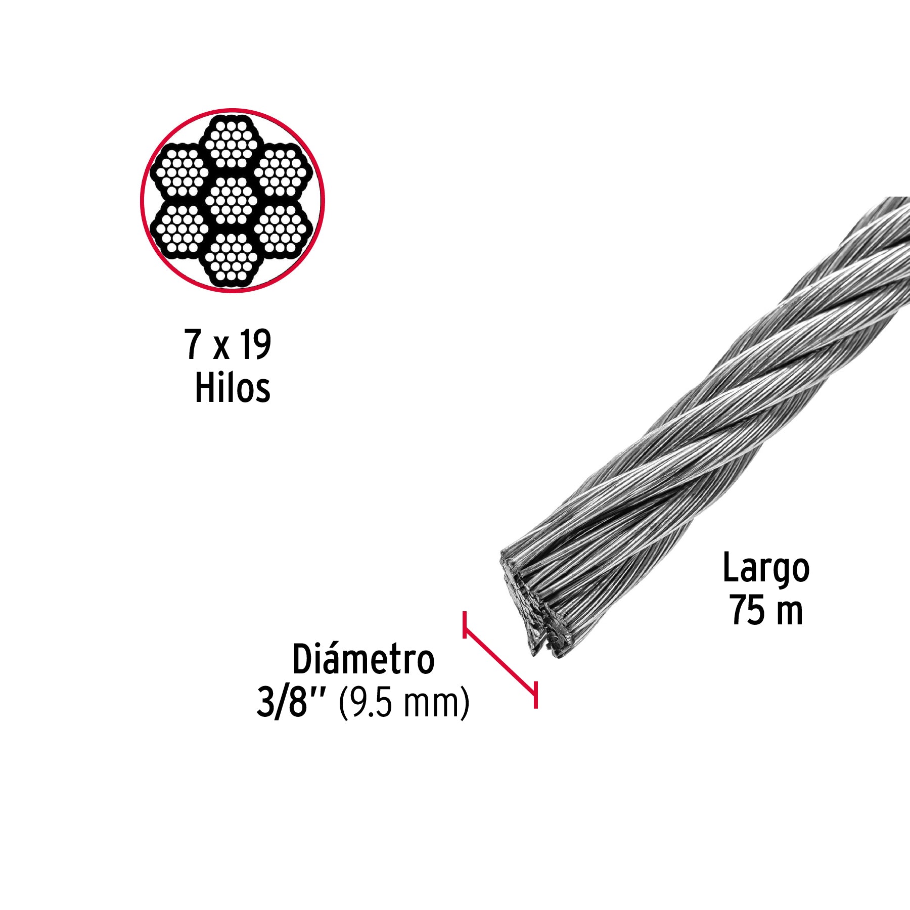 Cable flexible de acero 3/8",7X19, 75 m