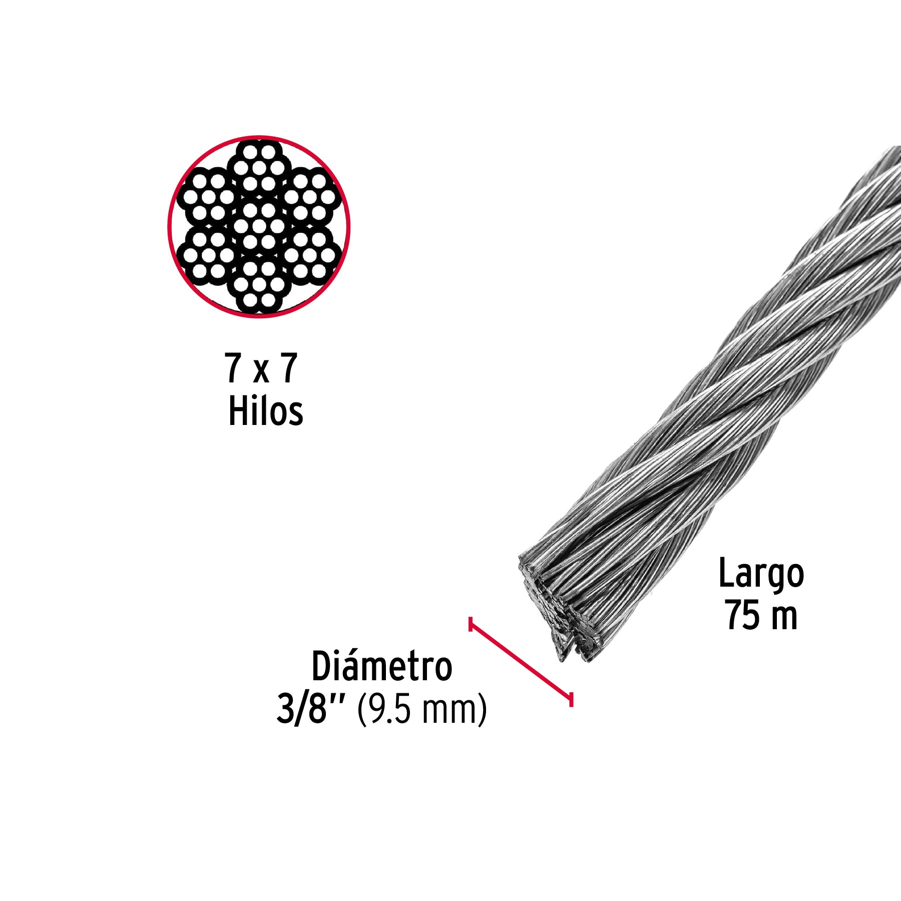 Cable rígido de acero 3/8", 7X7, 75 m